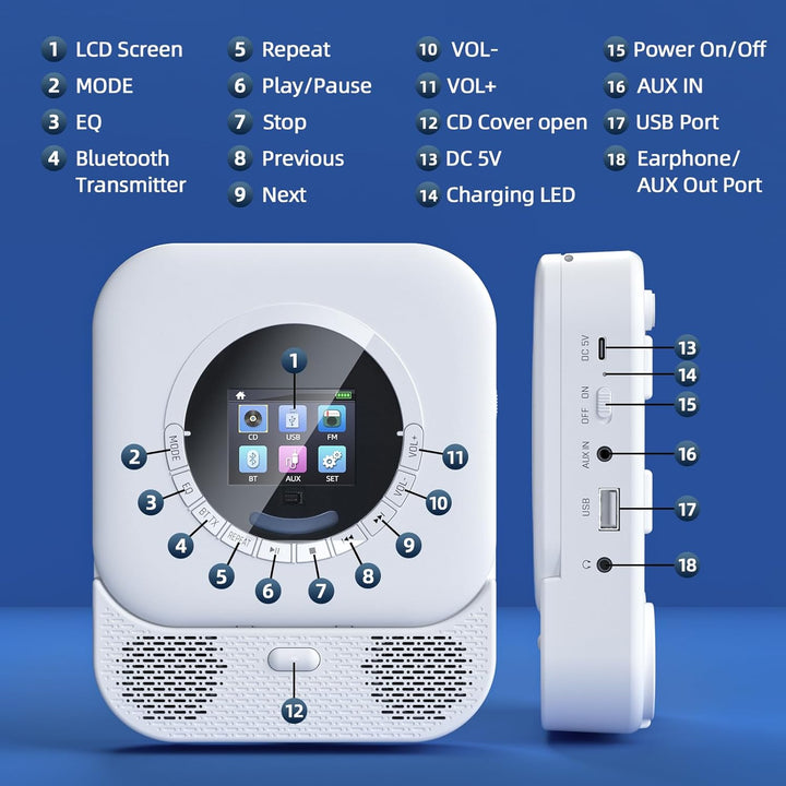 Arafuna Tragbarer CD-Player mit Bluetooth-Empfänger und Sender, tragbarer CD-Player mit HiFi-Lautspr