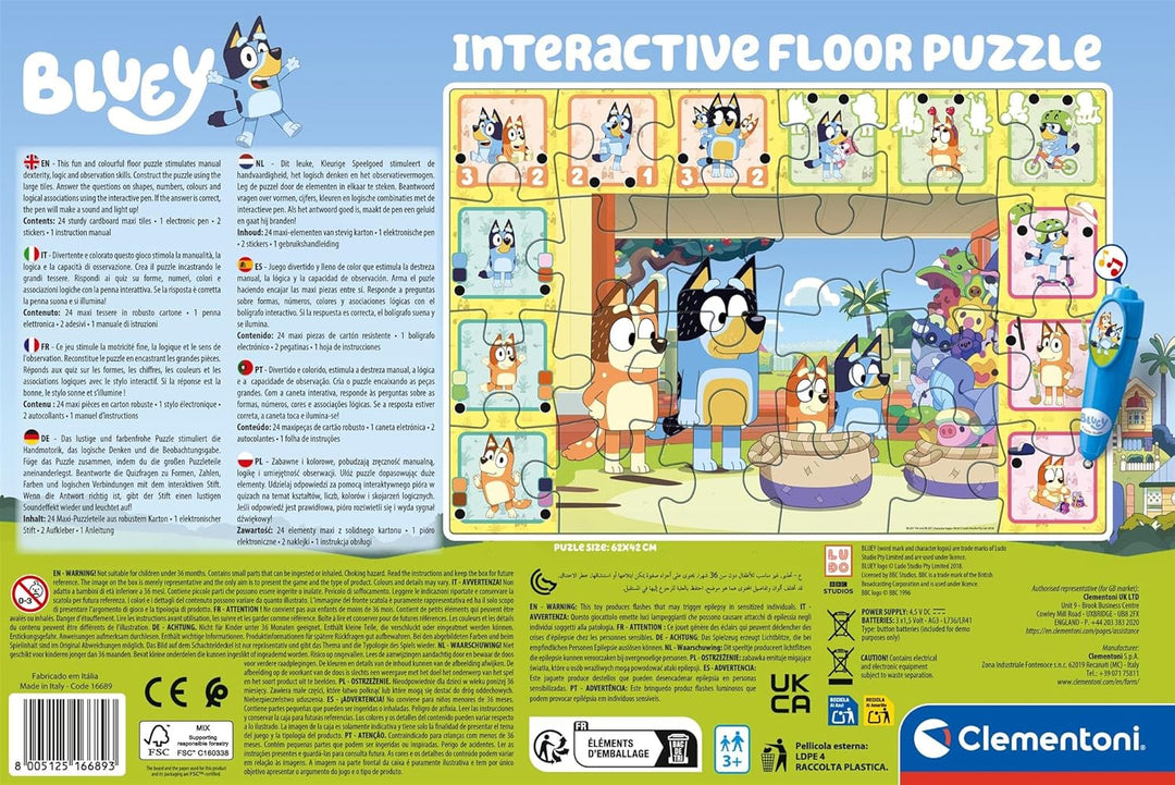 Clementoni Quiz-Bodenpuzzle - Bluey - Interaktives Puzzle mit Stift, Lernspiel für Kinder ab 3 Jahre