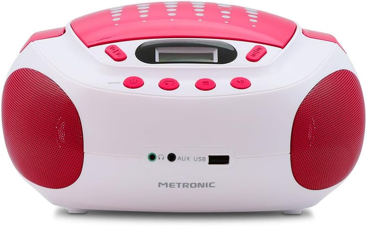 Metronic CD-Player für Kinder, MP3, Pop Pink, mit USB-Port, Stromversorgung oder Batterien, Weiss un