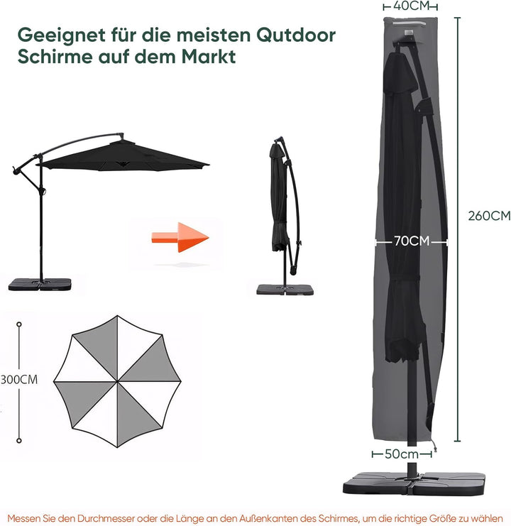 Sekey® Schutzhülle für Ampelschirm,Abdeckhauben für Sonnenschirm 260cm x 40/70/50cm Schwarz, 260cm x