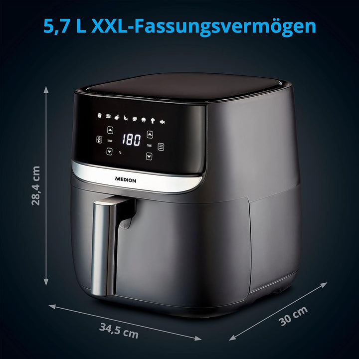 MEDION E50 XL Heissluftfritteuse (5,7 Liter Frittierkorb, ca. 1700 Watt, Digitales Bedienfeld, 8 Aut