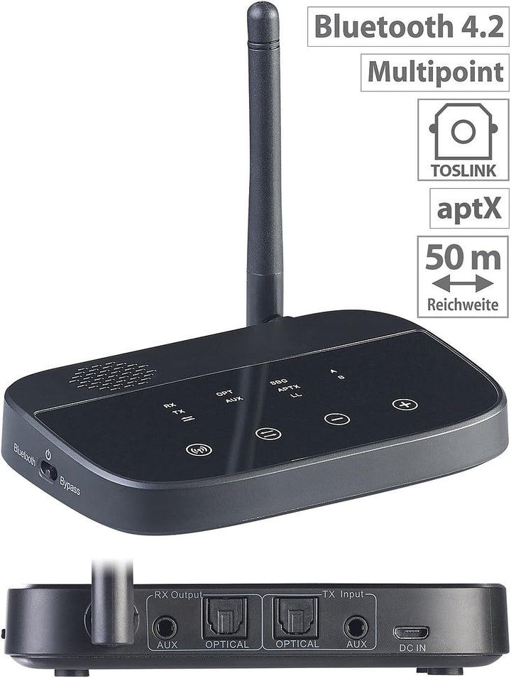 auvisio Transmitter, Bluetooth: 2in1-Audio-Sender & -Empfänger, Bluetooth 4.2, aptX, 100 m Reichweit