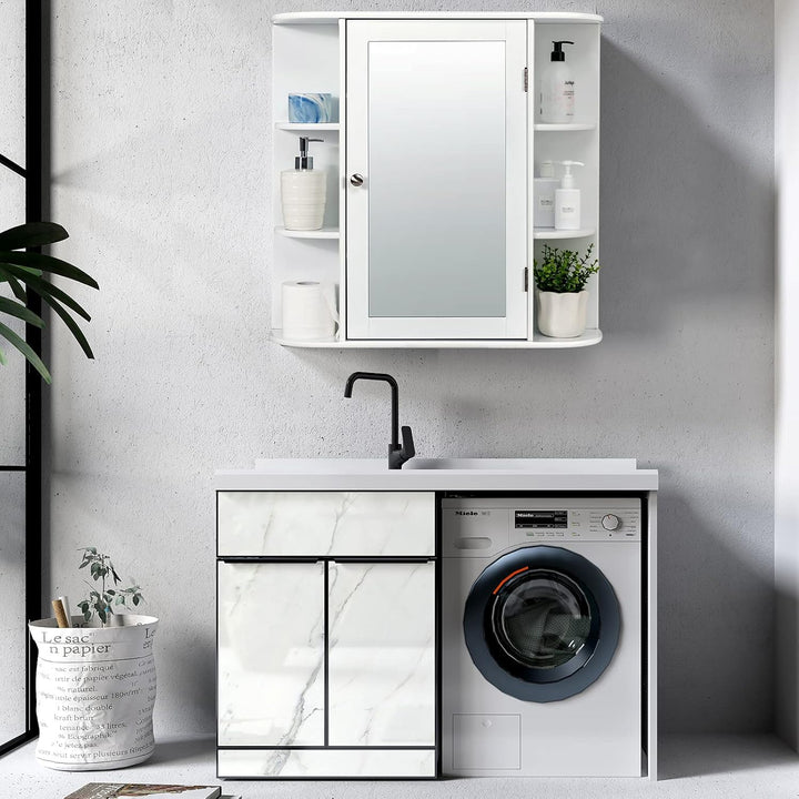 COSTWAY Spiegelschrank Badezimmer, Badezimmerspiegel mit Ablagen, Badezimmerspiegelschrank weiss, Wa