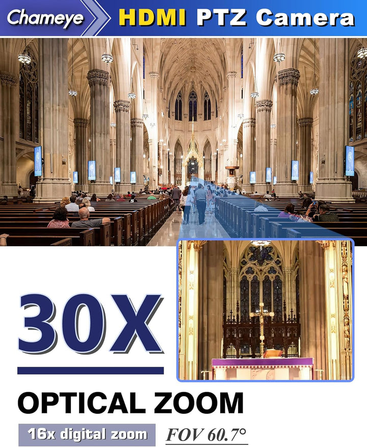 Chameye HDMI PTZ Camera 30x Optical Zoom AI Auto Tracking PTZ Camera with LCD Display, HDMI 3G-SDI I