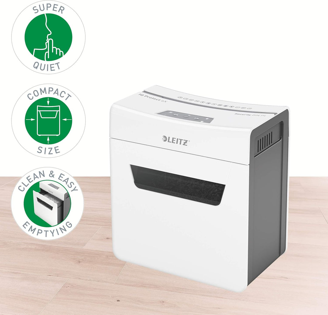 Leitz IQ 6X Premium Aktenvernichter P4 fürs Büro und Zuhause, Partikelschnitt, 7-6 Blatt (70-80 g/m²