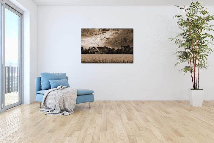deyoli Scheune am blühendem Feld Effekt: Sepia Format: 60x40 als Leinwandbild, Motiv fertig gerahmt