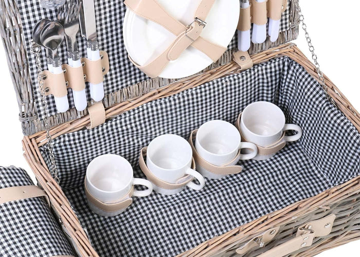 Mendler Picknickkorb-Set HWC-B24AM für 4 Personen, Weiden-Korb, Porzellan Edelstahl - schwarz-weiss,