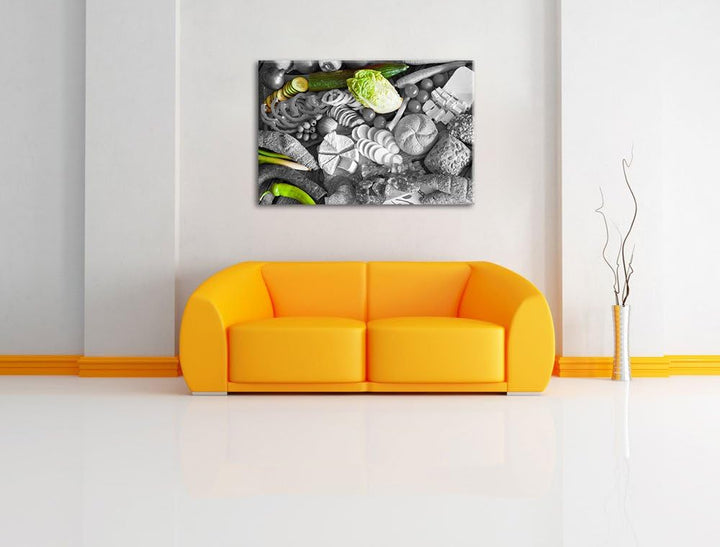 Früstücksplatte mit Gemüse schwarz/weiss Format: 100x70 auf Leinwand, XXL riesige Bilder fertig gera
