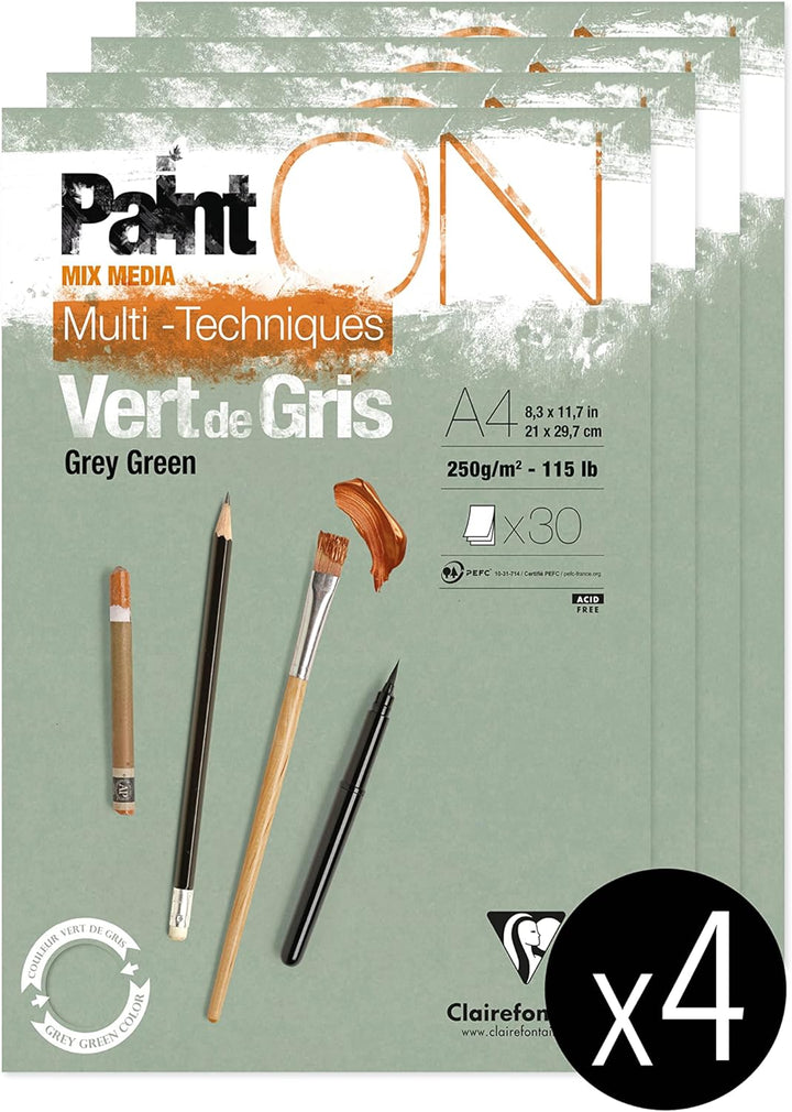 Clairefontaine 975705C - Packung mit 4 Blöcken Paint´ON Vert de gris, DIN A4, kopfseitig geleimt, 30