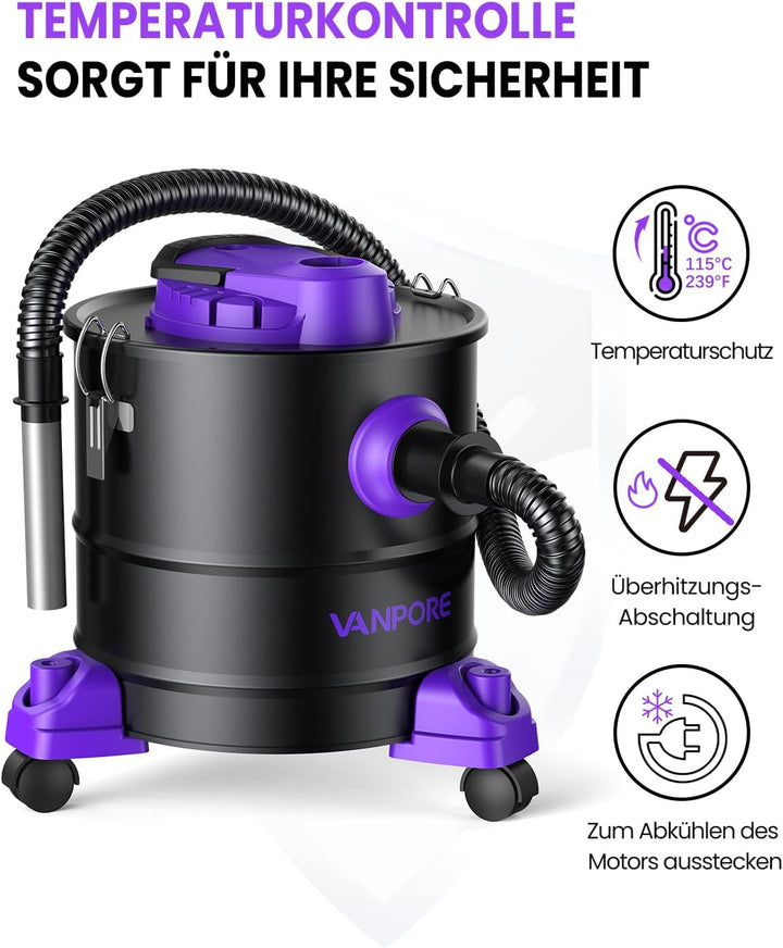 VANPORE Aschesauger für Kamin, 20L Aschesauger, 1200W Starke Saugleistung, Kamin Staubsauger mit Rol