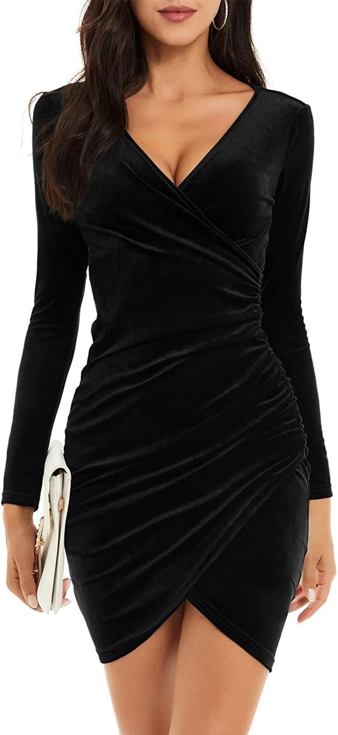 CheChury Damen Winterkleid Festlich Kleid Samtkleid Lange Ärmel Wickelkleid Bodycon Kurzes V Ausschn