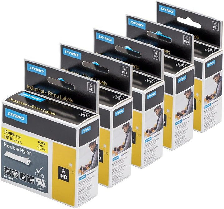 Dymo 18490 Rhino Industrieletiketten, flexibel, Nylon, 12 mm x 3,5 m, Schwarz auf Gelb, 5 Stück