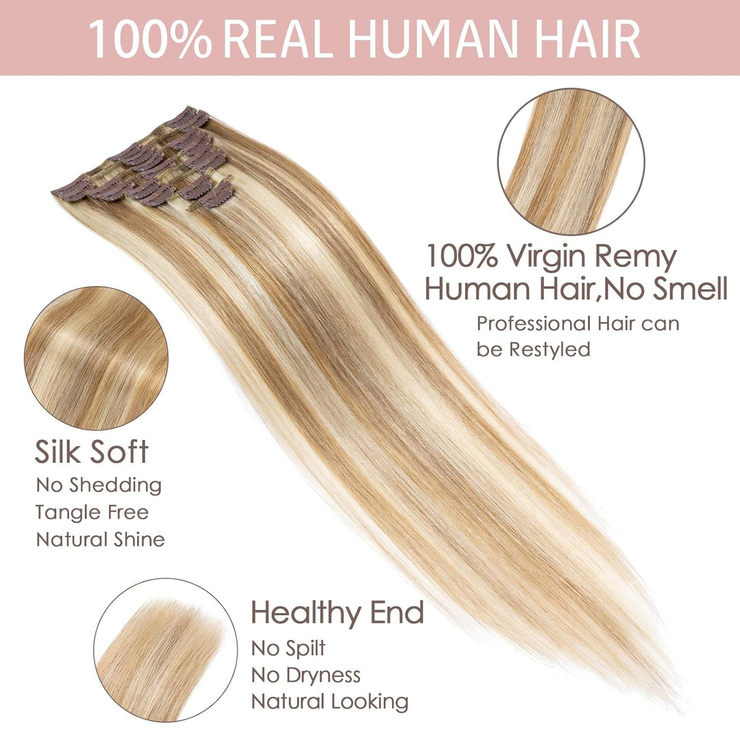 Silk-co Echthaar Clip In Extensions 8 Tressen 18 Clips 50g, Blonde Highlighted Hair Extensions, Remy