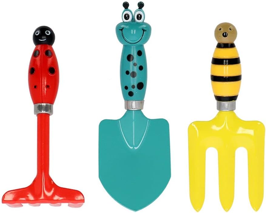 Rivanto® Kinder Gartenwerkzeug 3er Set Insekten aus Harke & Handschaufel, Bunt, Werkzeug 3er Set