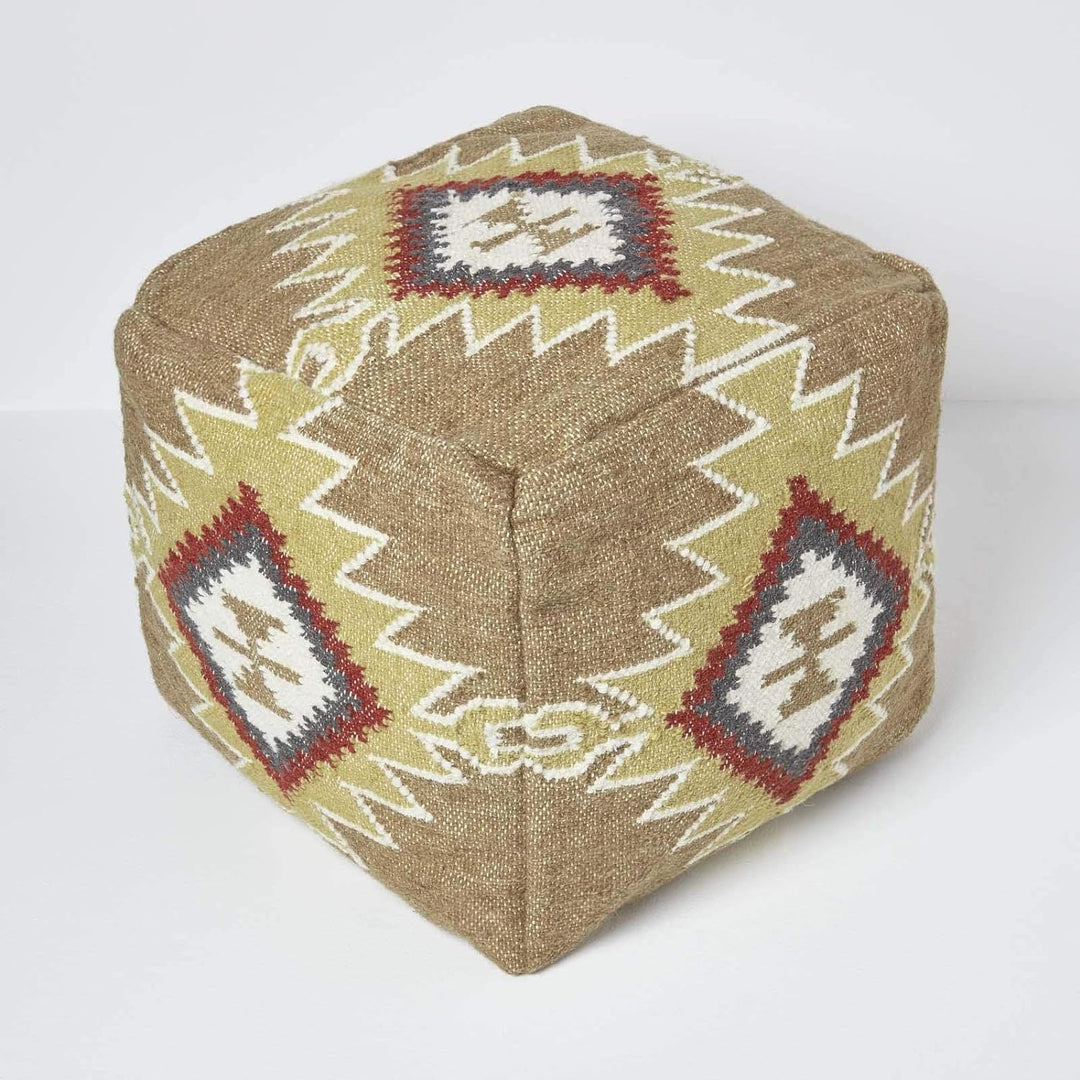 Homescapes Pouf im Boho-Look, braun und orange gemusterter Kelim-Fusshocker Jaipur, buntes Bodenkiss