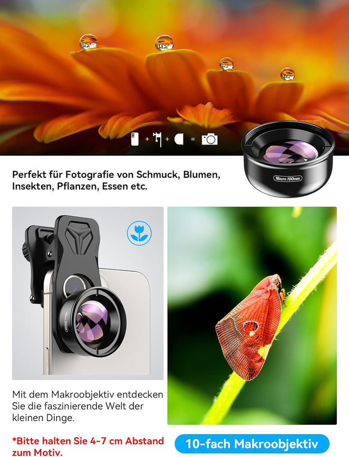 Apexel HD-Objektiv, 100 mm Makroobjektiv für iPhone X/8/8Plus/7/Plus, Samsung Galaxy S10/S10 Plus, H
