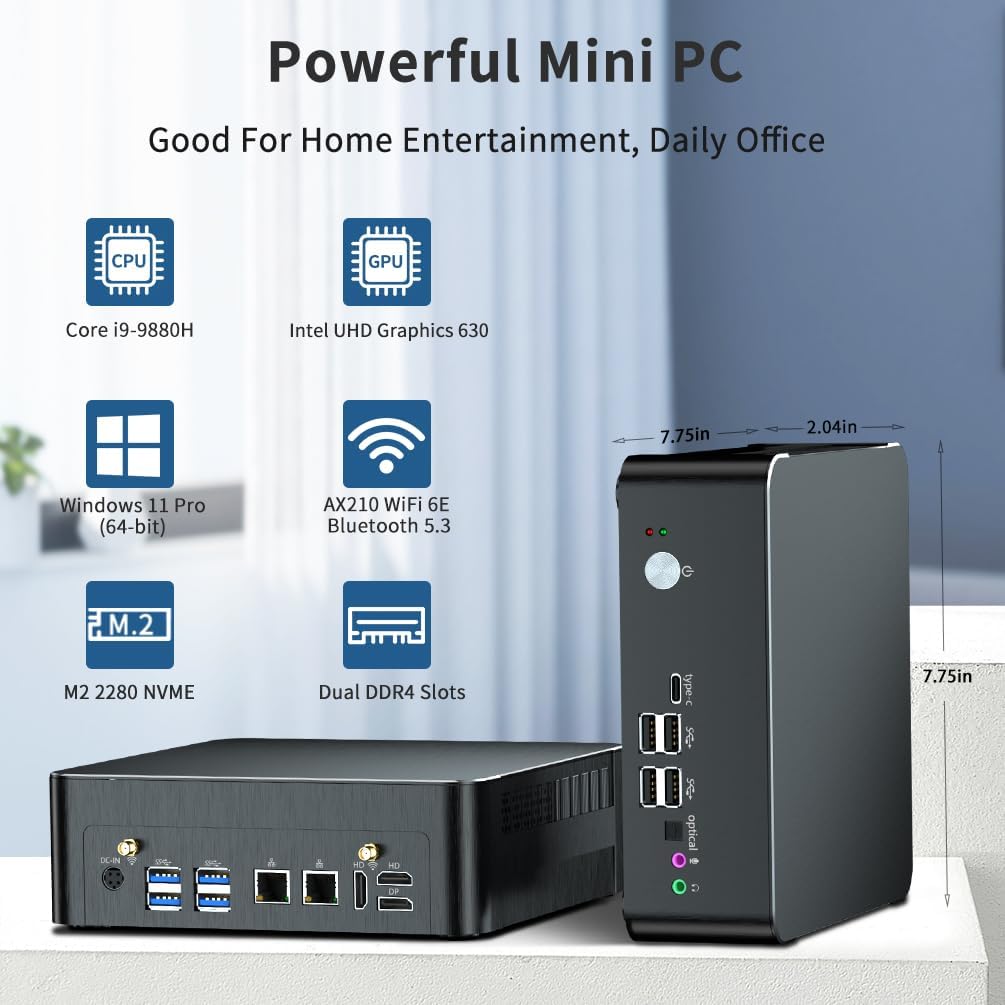 Mavsloly Mini Computer mit Core i9-9880H, 64GB RAM, 2T SSD Mini PC, 4K@60Hz, 2*HDMI, 1*DP, dreifache