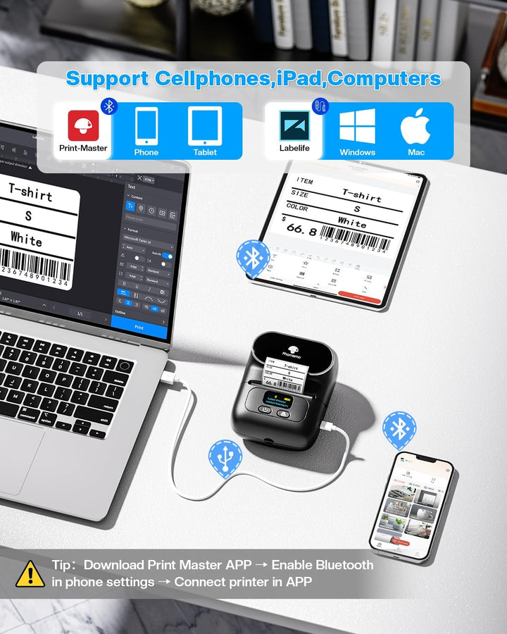 Phomemo M110 Etikettendrucker mit 3 Etikettenrollen, Beschriftungsgerät Selbstklebend für Telefon un