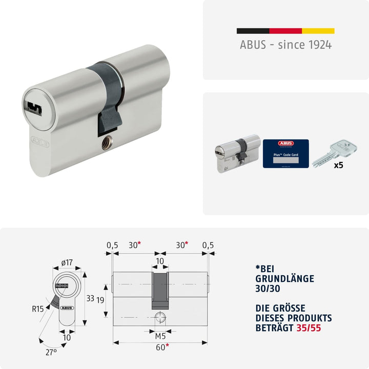 ABUS Profilzylinder D6XNP 35/55 inklusive 5 Schlüssel, 49469 Nickel Perle 35/55, Nickel Perle 35/55