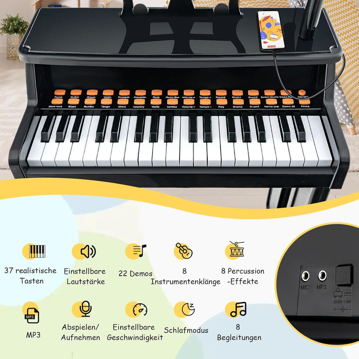 COSTWAY 37-Tasten Kinder Keyboard, elektronisches Kinderklavier mit Hocker, verstellbarem Mikrofon &