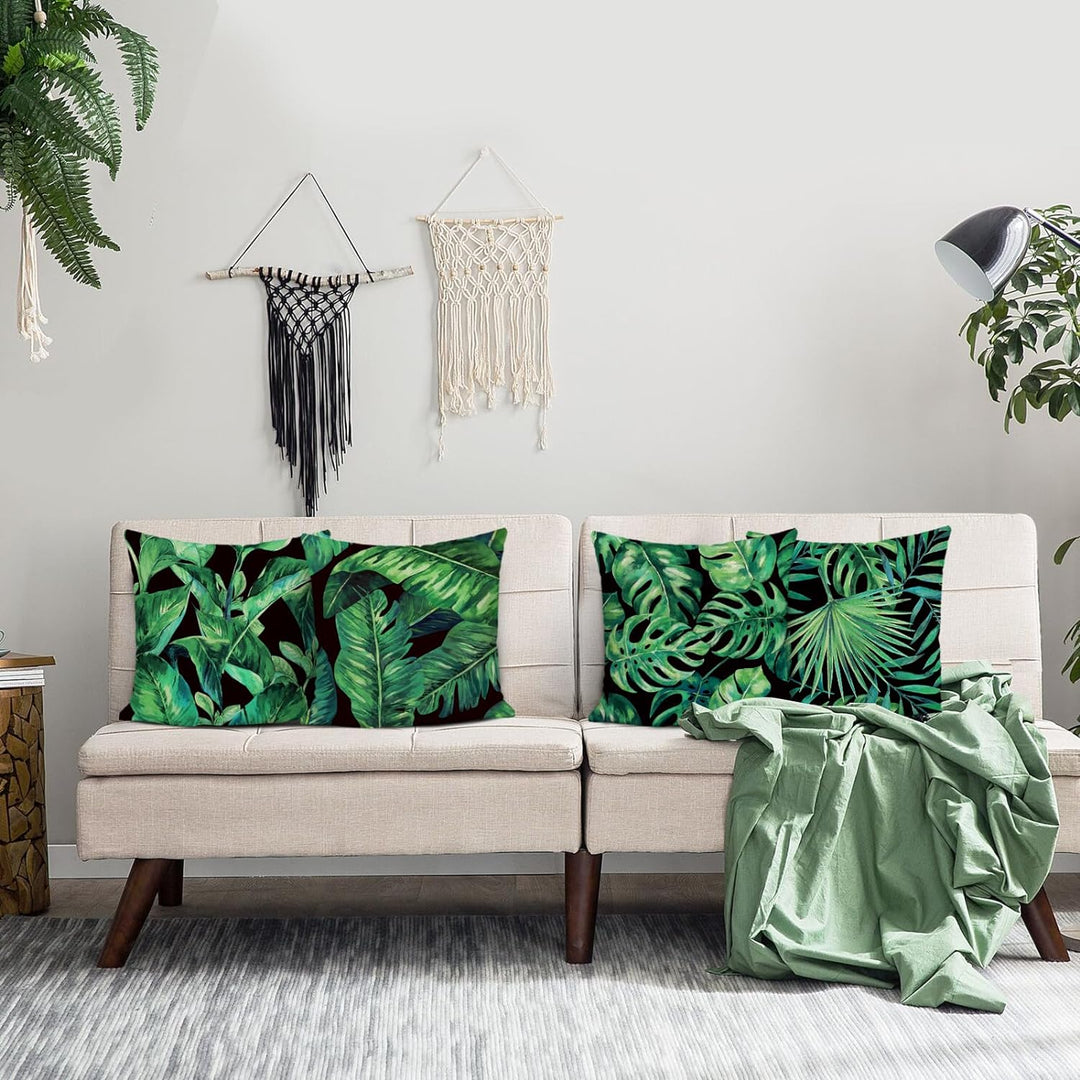 Bonhause 4er Set Kissenbezüge Blätter Tropische 45 x 45 cm Grün Pflanze Polyester Leinen Dekorative
