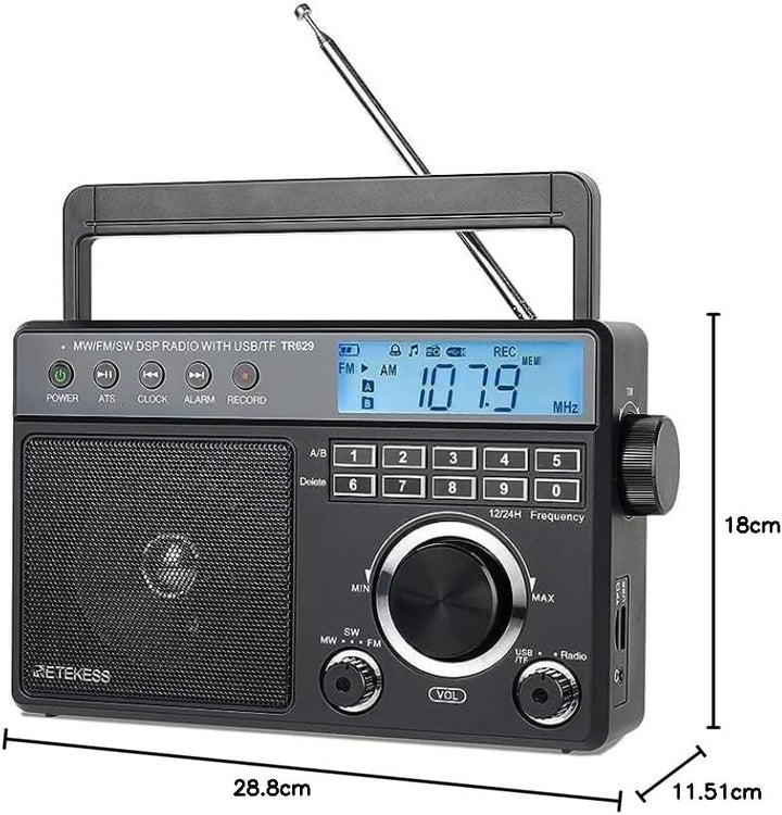 Retekess TR629 Tragbares Radio,Weltempfänger Radio mit Lautsprecher,FM AM SW LW,AC Kabel oder Batter