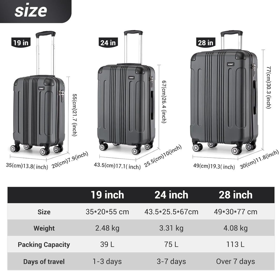 KONO Hartschalen Koffer Trolley Rollkoffer Reisekoffer Zwillingsrollen Kofferset M-L-XL-Set (Grau, S