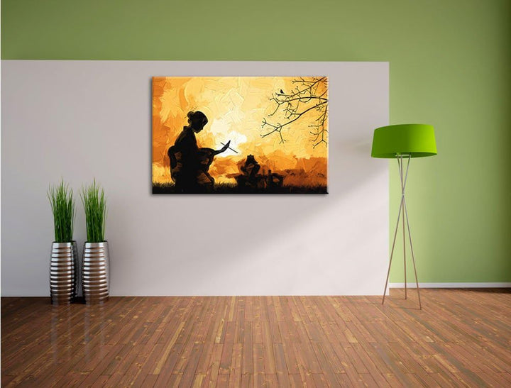 Geisha Pinsel Effekt, Format: 100x70 auf Leinwand, XXL riesige Bilder fertig gerahmt mit Keilrahmen,