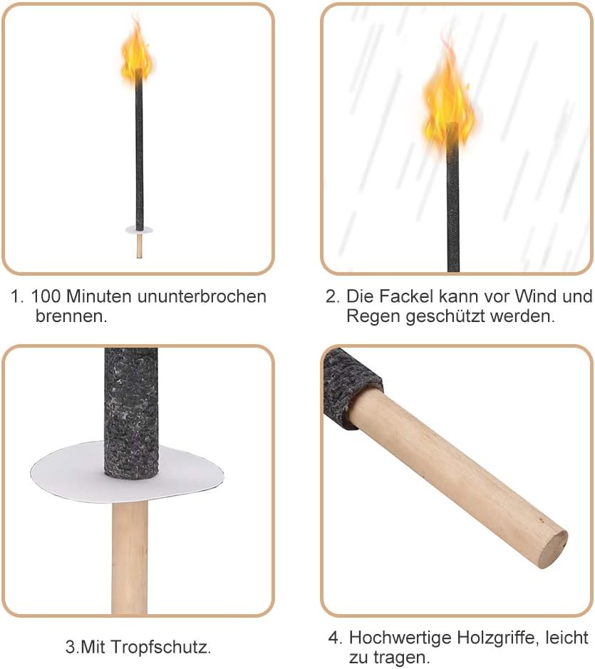 Tubiaz Wachsfackeln Brennzeit 100 min|100 StĂŒck Fackeln Mit Handschutz|Garten-Fackeln FĂŒr Nachtwande