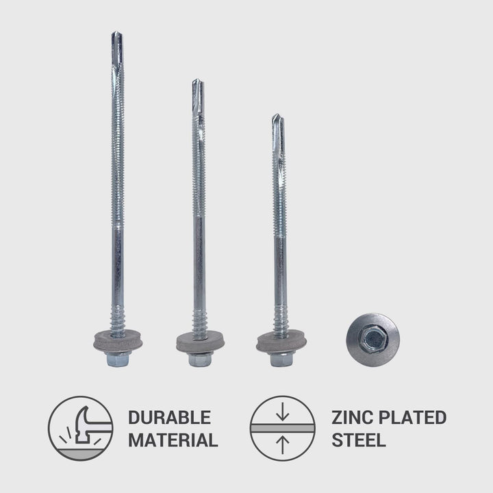 (60 Stück) Verzinkter Stahl, Sechskantkopf selbstbohrende 5,5 x 120 mm Schrauben mit EPDM Unterlegsc