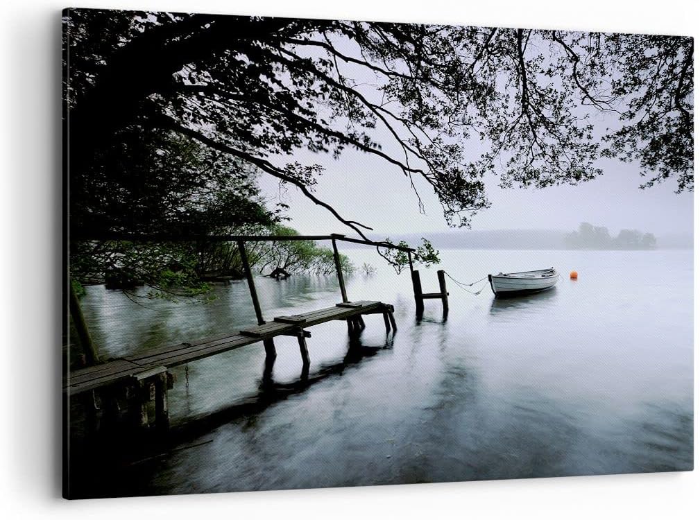 Bilder auf Leinwand 100x70cm Leinwandbild mit Rahmen See Dock Boot Bäume Gross Wanddeko Bild Schlafz