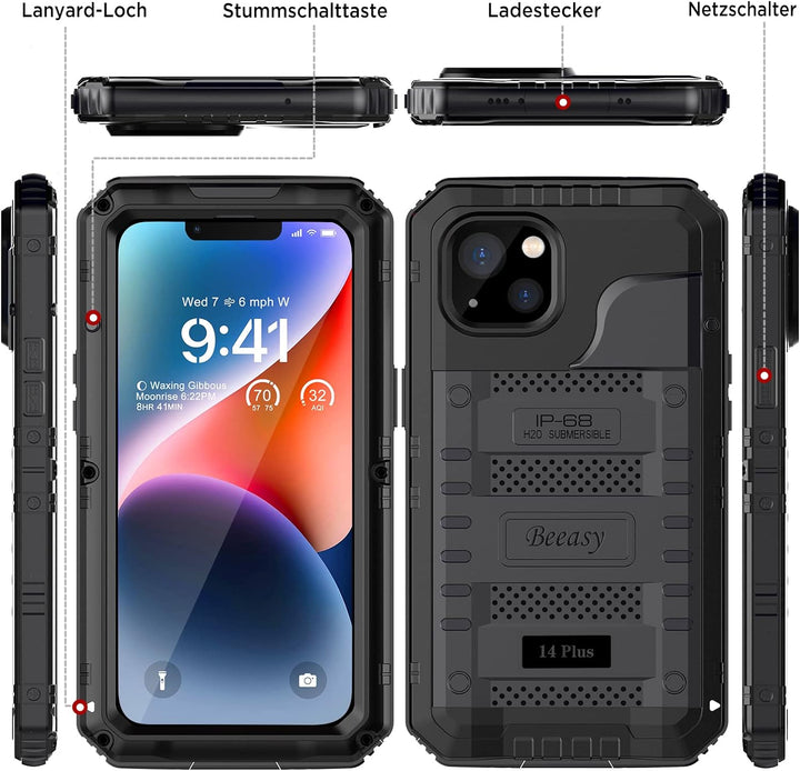 Beeasy für iPhone 14 Plus Wasserdicht Outdoor Hülle (6,7"), Stossfest Panzerhülle Militär 360 Grad S