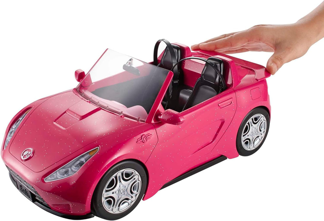 Barbie-Puppe und Auto, Barbie-Auto in glänzendem Pink, Cabrio-Auto mit schwarzem Innenraum, Sicherhe