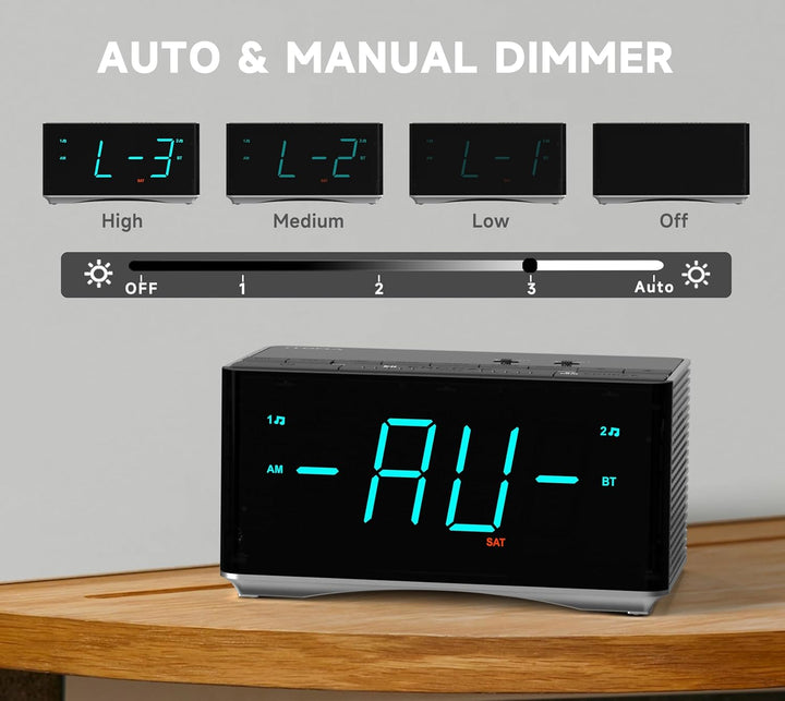 iTOMA Radiowecker,Bluetooth Stereo Lautsprecher, FM Radio, Dual Wecker, Snooze, Helligkeitsdimmer, U