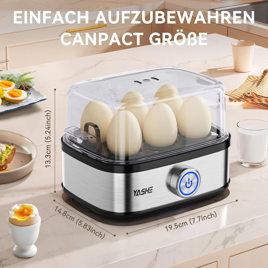 YASHE Eierkocher Edelstahl, 400W Kompakter Eierkocher Multifunktional, 6 Eier leicht zu Pellen, Weic