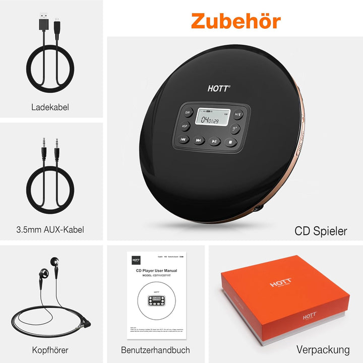 CD Player Tragbar, Tragbarer CD Player mit Bluetooth, Aufladbar CD-Player mit Kopfhörer und AUX Lini
