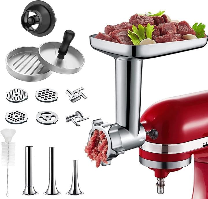 COFUN Fleischwolf Aufsatz für Kitchenaid Zubehör, als Kitchen Aid Zubehör mit 4 Mahlscheibe 3 Wurstf