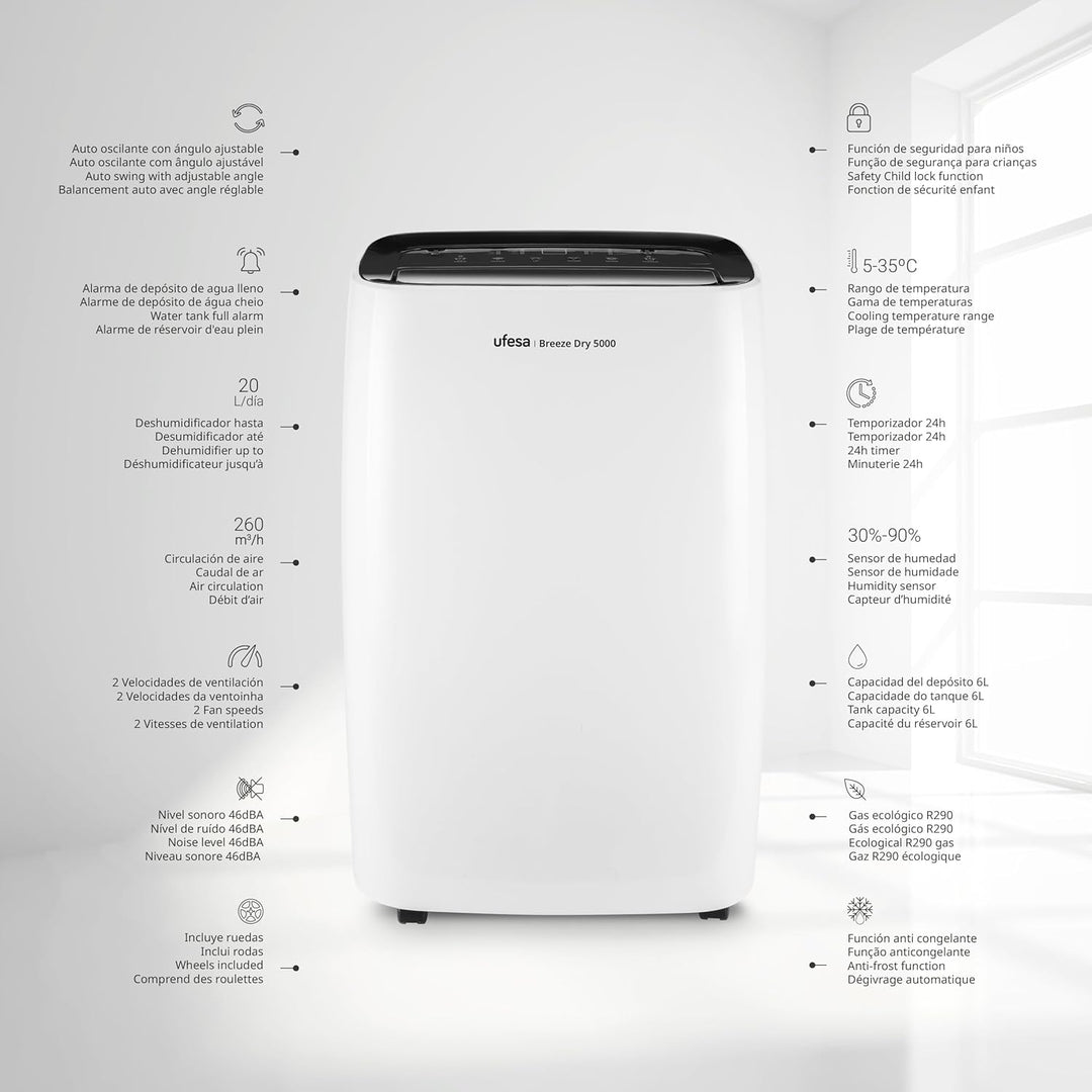 Ufesa Breeze Dry 5000 Luftentfeuchter 280W, 20L/24h, Leise 46dB mit Intuitivem Bedienfeld, Wäschetro