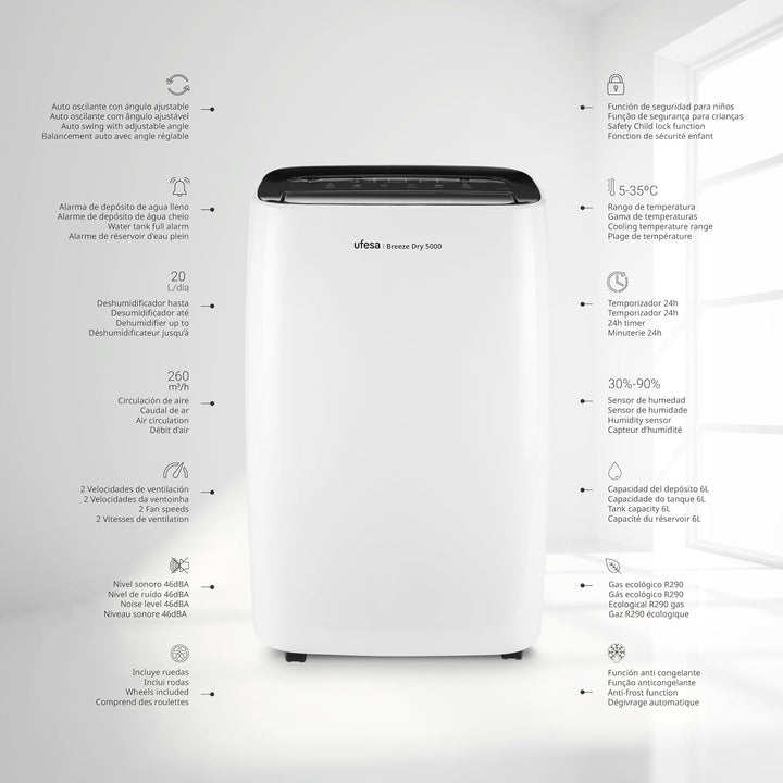 Ufesa Breeze Dry 5000 Luftentfeuchter 280W, 20L/24h, Leise 46dB mit Intuitivem Bedienfeld, Wäschetro
