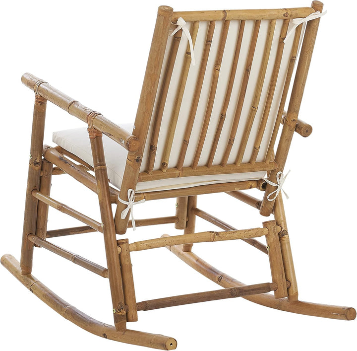 Garten Schaukelstuhl Bambus hellbraun mit Armlehnen Auflage weiss Boho Frigole