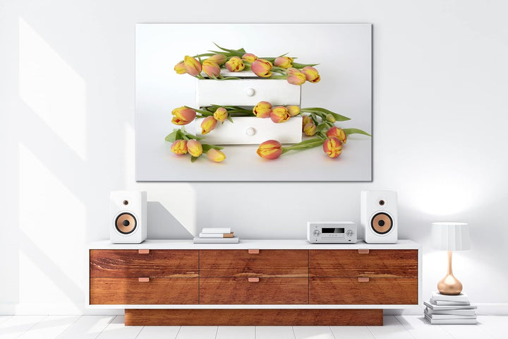 deyoli wild verstreute Tulpen Format: 80x60 als Leinwand, Motiv fertig gerahmt auf Echtholzrahmen, H