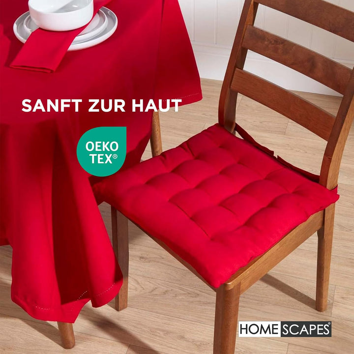 Homescapes 6er Set Stuhlkissen 40 x 40 cm, rot, Sitzkissen mit Bändern und Knopfverschluss, einfarbi