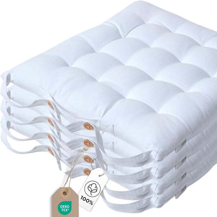 HOMESCAPES 4er Set Stuhlkissen 40 x 40 cm, weiss, Sitzkissen mit Bändern und Knopfverschluss, einfar