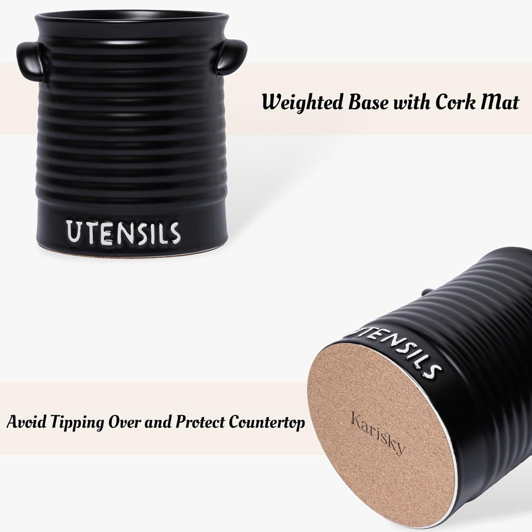 Karisky Kitchen Utensil Holder for Countertop, 6.2" Large Ceramic Utensil Crock with Cork Mat, Handl