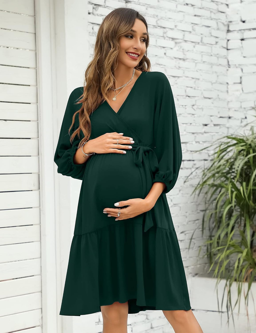 KOJOOIN Damen Umstandskleid V-Ausschnitt 3/4 Ärmel Stillkleid Rüschen Schwangerschafts Kleider mit G