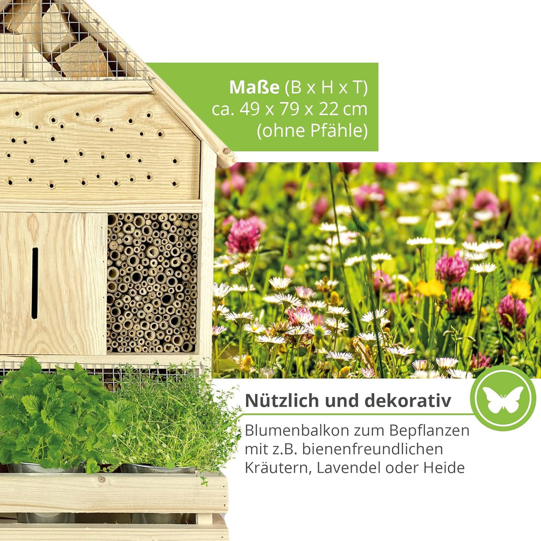 GARTENETAGE Stehendes Insektenhotel XXL mit Pflanzenoase/Naturbelassenes, massives Insektenhaus Gros