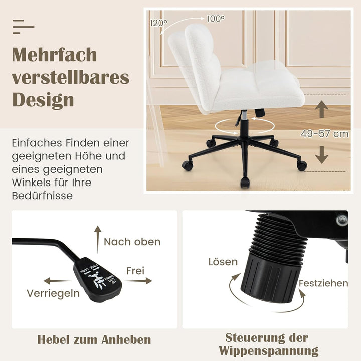 COSTWAY Schneidersitz Stuhl mit Rollen, Drehstuhl ohne Armlehnen, Schreibtischstuhl mit breiter Sitz
