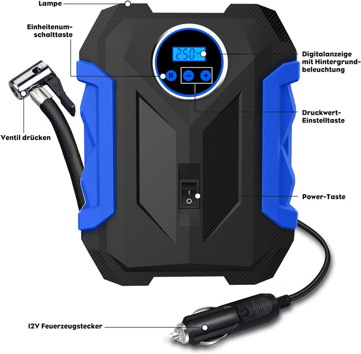 CARSUN Luftpumpe Auto,12V Mobiler Kompressor Auto,150PSI Autoreifen Pumpe mit Reifendruckmesser und