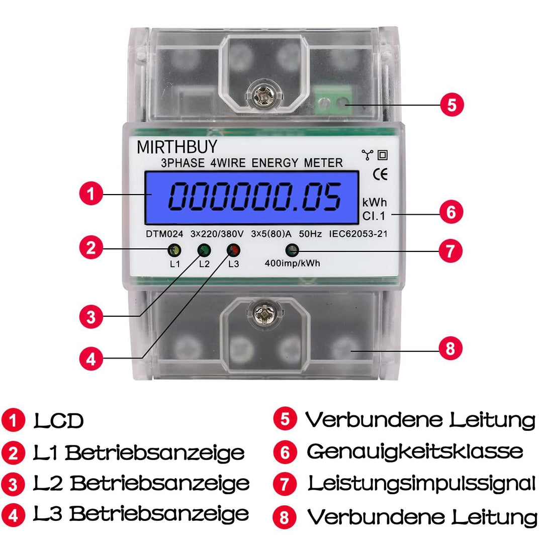 MIRTHBUY Digitaler Stromzähler mit LCD, 3-Phasen 4-Draht, Geeicht Stromzähler,Wechselstromzähler, Dr