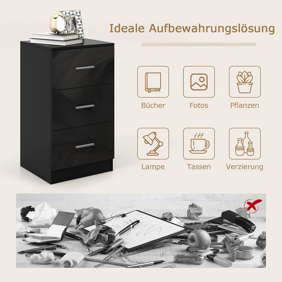 COSTWAY 2er Set Nachttisch mit 3 Schubladen, Hochglanz Nachtschrank, Nachtkommode für Boxspringbett,
